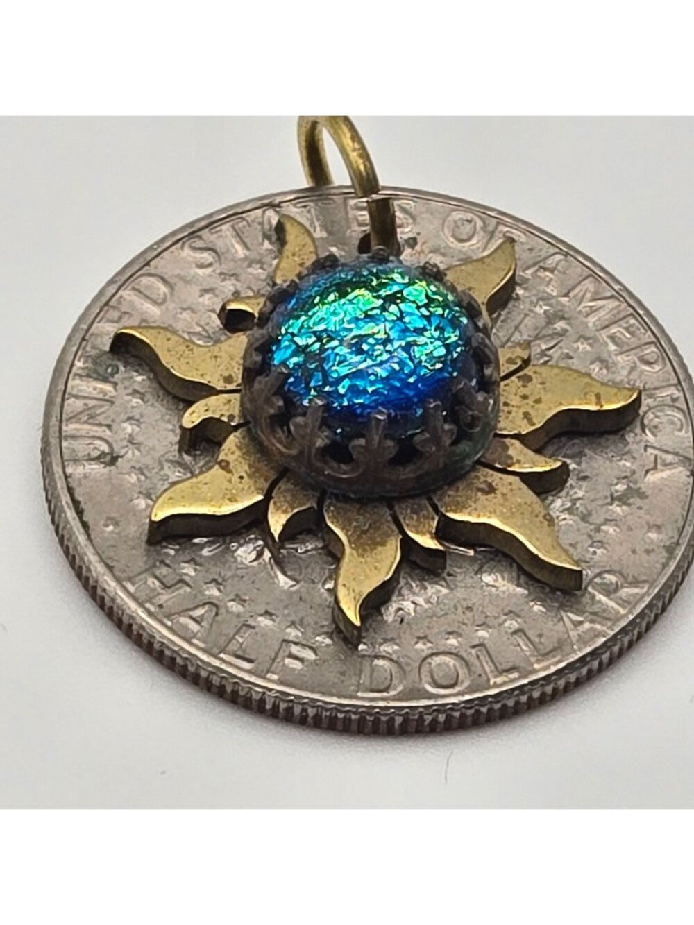 Vintage 80s Half Dollar Pendant With Gold-Tone Sunburst Iridescent Blue Glass